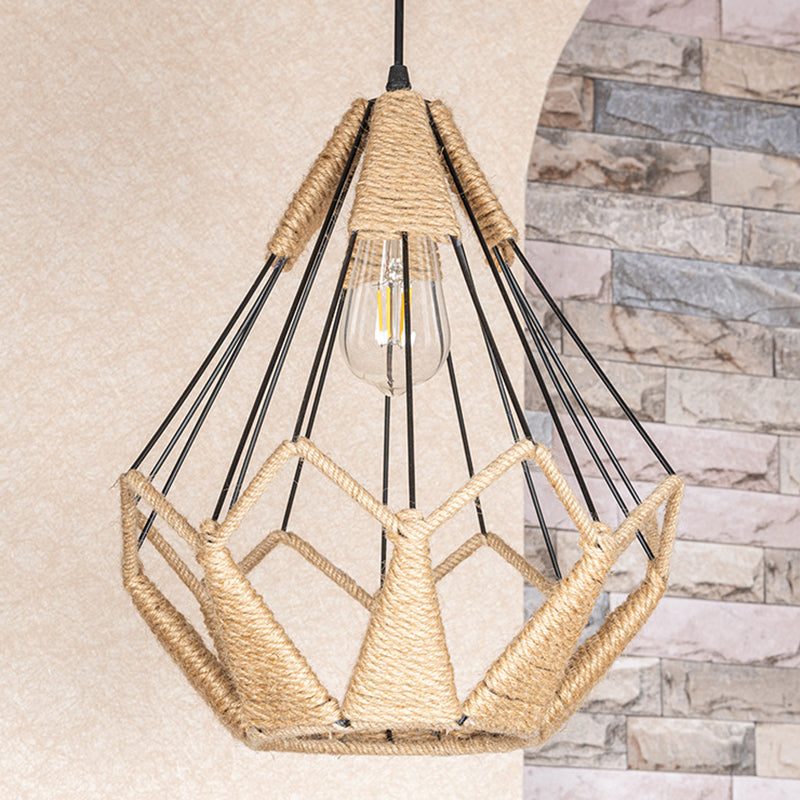 Pyramid Cage Rope Pendant Lighting Industrial Coffee Shop Hanging Pendant Light in Beige Clearhalo 'Ceiling Lights' 'Pendant Lights' 'Pendants' Lighting' 2602687