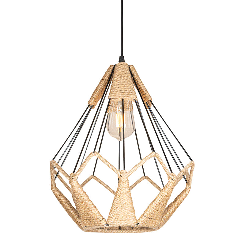 Pyramid Cage Rope Pendant Lighting Industrial Coffee Shop Hanging Pendant Light in Beige Beige Clearhalo 'Ceiling Lights' 'Pendant Lights' 'Pendants' Lighting' 2602688