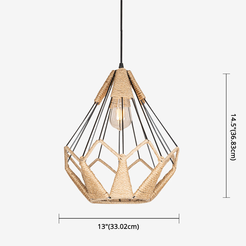 Pyramid Cage Rope Pendant Lighting Industrial Coffee Shop Hanging Pendant Light in Beige Clearhalo 'Ceiling Lights' 'Pendant Lights' 'Pendants' Lighting' 2602689