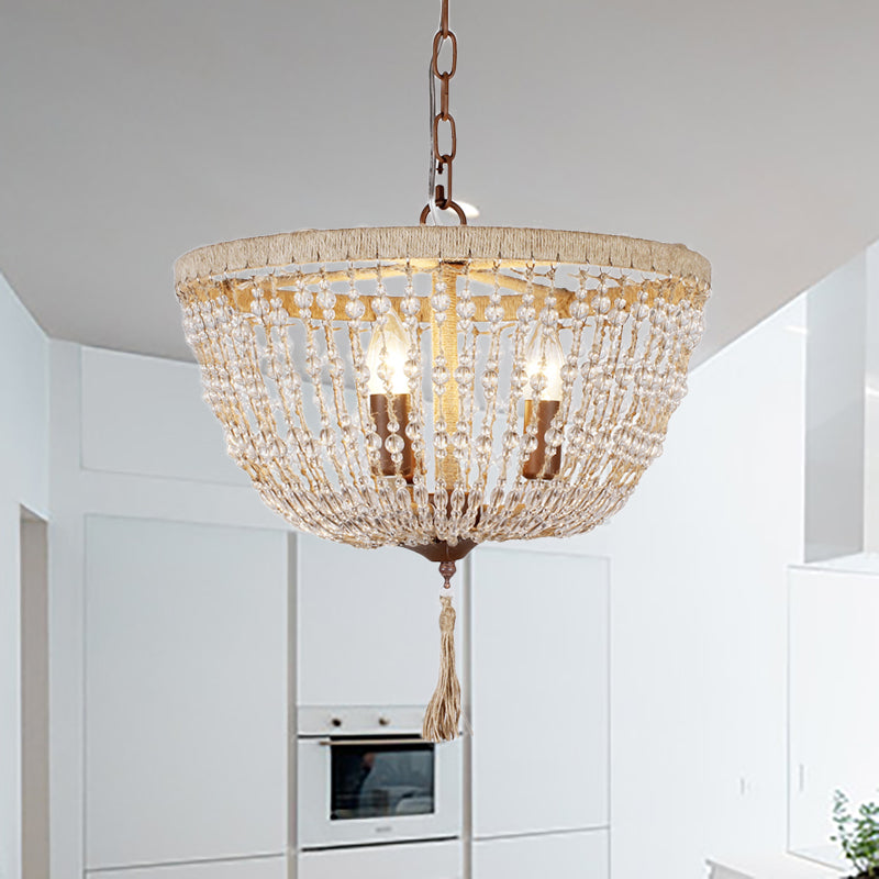 Lodge Style Bowl Chandelier Lamp Clear Crystal Bead 3 Lights Hanging Pendant Light with Rope Detail in Brown Clearhalo 'Ceiling Lights' 'Chandeliers' Lighting' options 260269