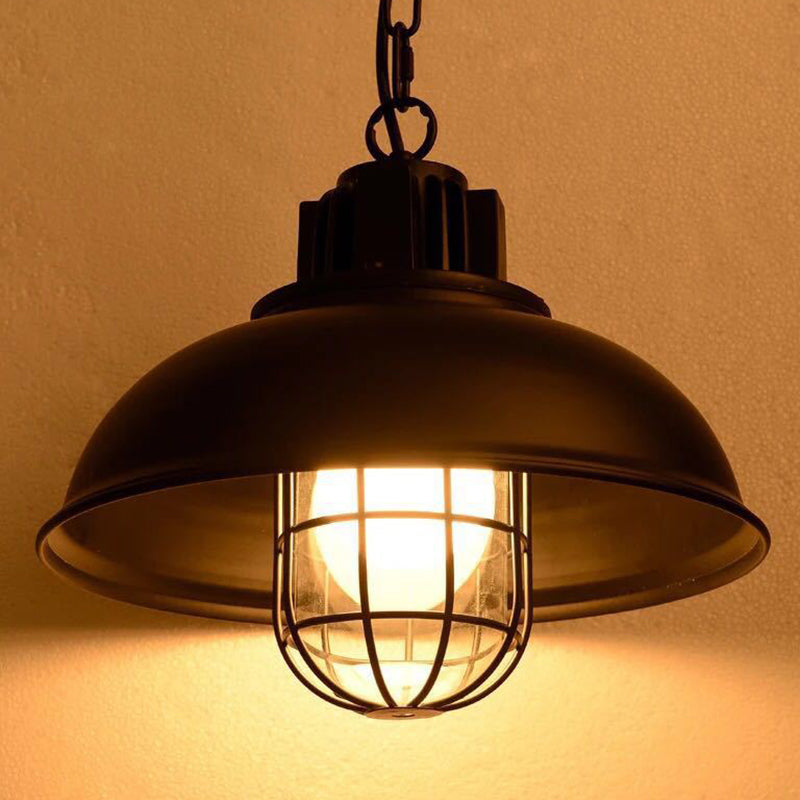 Metal Covered Cage Pendant Ceiling Light Industrial Dinning Room Hanging Ceiling Light in Black Clearhalo 'Ceiling Lights' 'Pendant Lights' 'Pendants' Lighting' 2602702