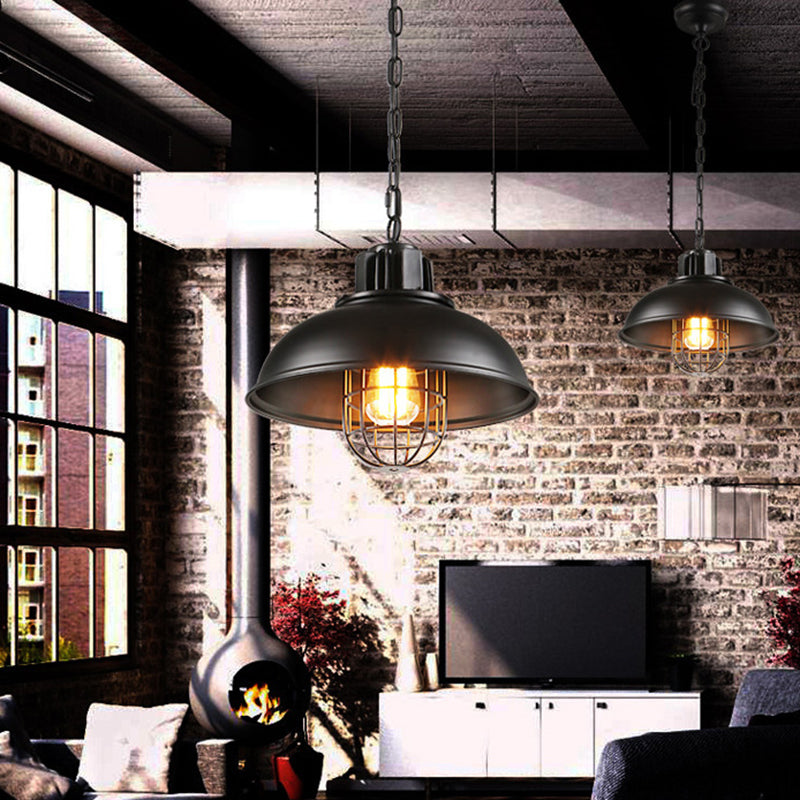 Metal Covered Cage Pendant Ceiling Light Industrial Dinning Room Hanging Ceiling Light in Black Clearhalo 'Ceiling Lights' 'Pendant Lights' 'Pendants' Lighting' 2602705