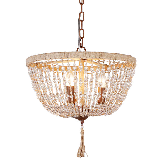 Lodge Style Bowl Chandelier Lamp Clear Crystal Bead 3 Lights Hanging Pendant Light with Rope Detail in Brown Clearhalo 'Ceiling Lights' 'Chandeliers' Lighting' options 260270