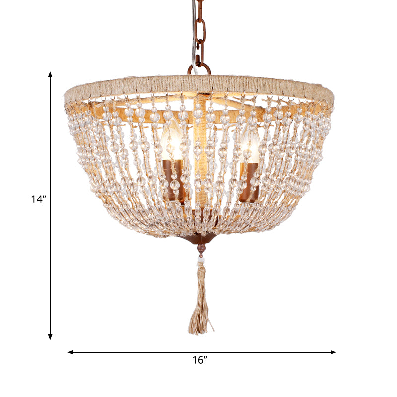 Lodge Style Bowl Chandelier Lamp Clear Crystal Bead 3 Lights Hanging Pendant Light with Rope Detail in Brown Clearhalo 'Ceiling Lights' 'Chandeliers' Lighting' options 260271