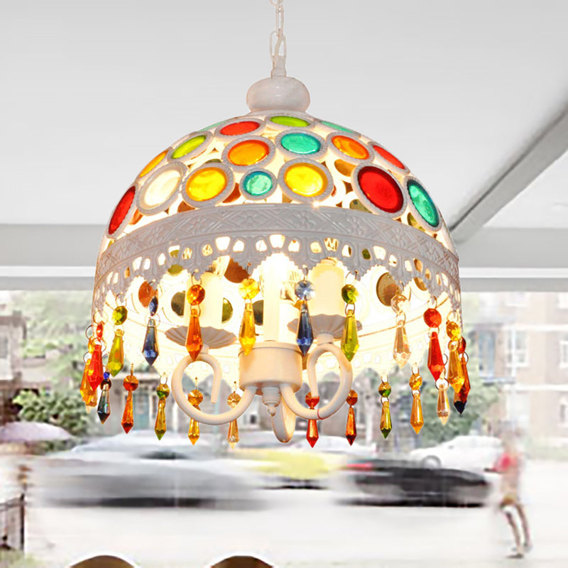 3 Lights Dome Chandelier Lighting with Multi Colored Crystal Bead Bohemia Pendant Lamp in White Finish White Clearhalo 'Ceiling Lights' 'Chandeliers' Lighting' options 260276_159dbc3d-aa71-4b7b-8a0a-91551747add7