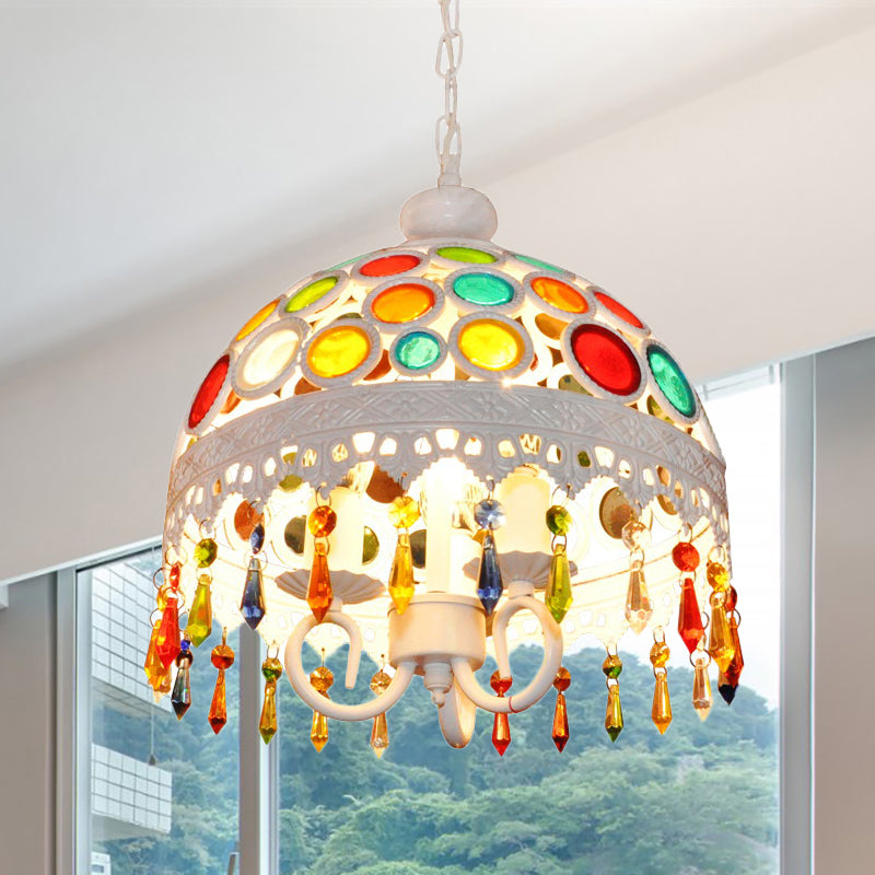 3 Lights Dome Chandelier Lighting with Multi Colored Crystal Bead Bohemia Pendant Lamp in White Finish Clearhalo 'Ceiling Lights' 'Chandeliers' Lighting' options 260277
