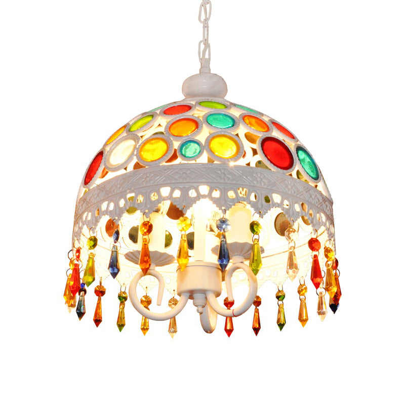 3 Lights Dome Chandelier Lighting with Multi Colored Crystal Bead Bohemia Pendant Lamp in White Finish Clearhalo 'Ceiling Lights' 'Chandeliers' Lighting' options 260278