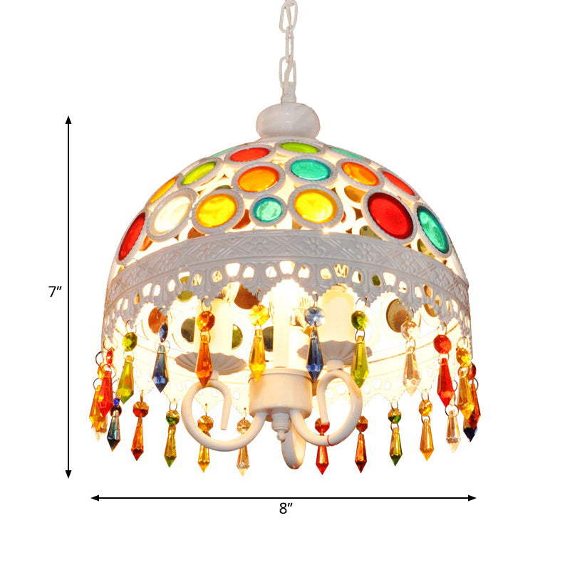 3 Lights Dome Chandelier Lighting with Multi Colored Crystal Bead Bohemia Pendant Lamp in White Finish Clearhalo 'Ceiling Lights' 'Chandeliers' Lighting' options 260279