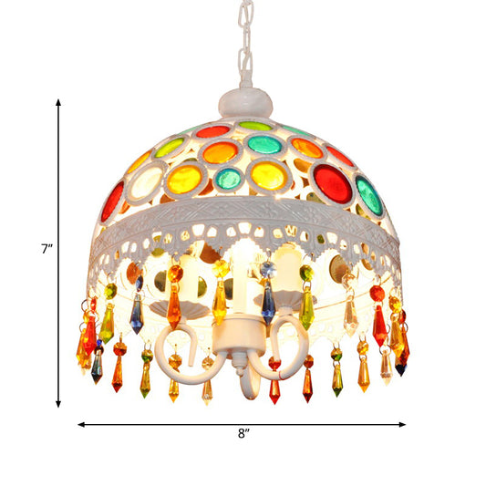3 Lights Dome Chandelier Lighting with Multi Colored Crystal Bead Bohemia Pendant Lamp in White Finish Clearhalo 'Ceiling Lights' 'Chandeliers' Lighting' options 260279
