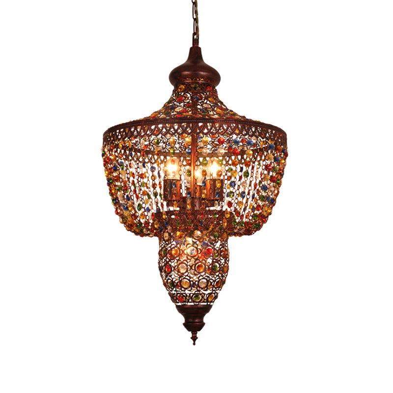 4 Lights Crystal Gem Pendant Light with Metal Shade Bohemia Hanging Ceiling Light in Weathered Copper Clearhalo 'Ceiling Lights' 'Chandeliers' Lighting' options 260293