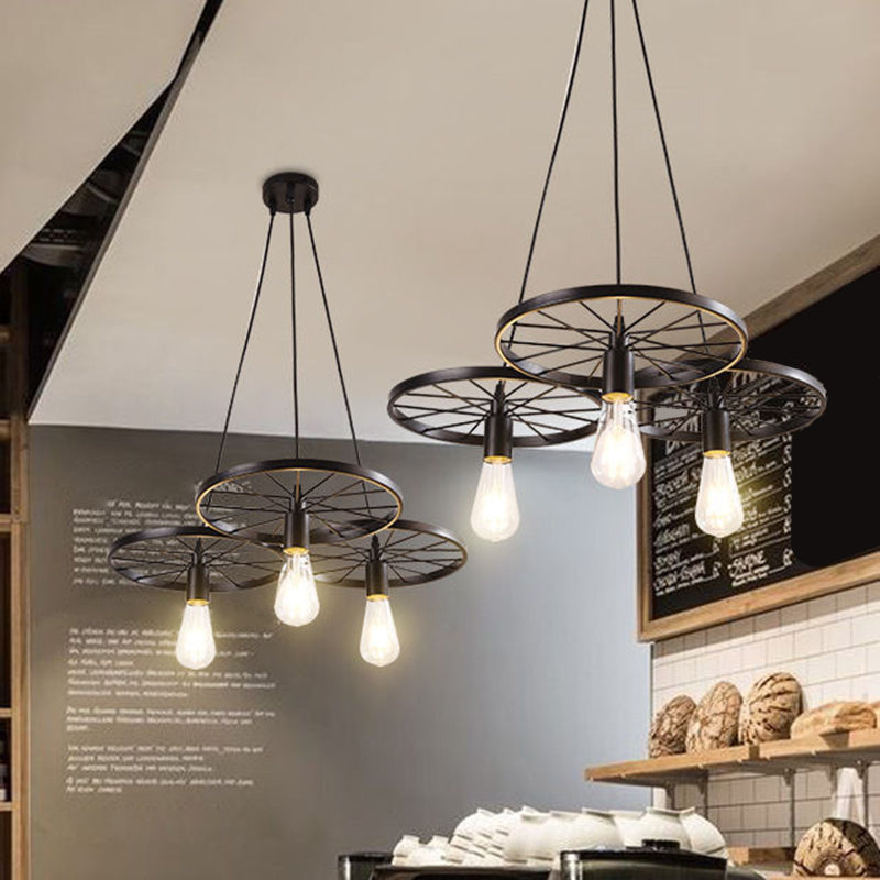 Metal Hanging Pendant Light Vintage Style Black Wagon Wheel Coffee Shop Suspension Lamp Clearhalo 'Ceiling Lights' 'Pendant Lights' 'Pendants' Lighting' 2602982