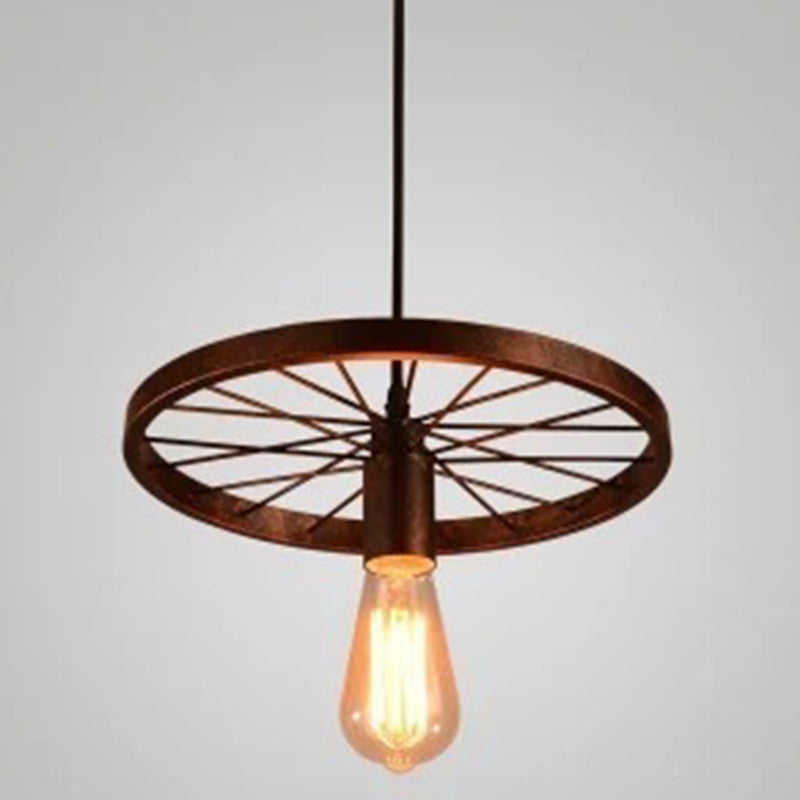 Metal Hanging Pendant Light Vintage Style Black Wagon Wheel Coffee Shop Suspension Lamp 1 Rust Clearhalo 'Ceiling Lights' 'Pendant Lights' 'Pendants' Lighting' 2602984