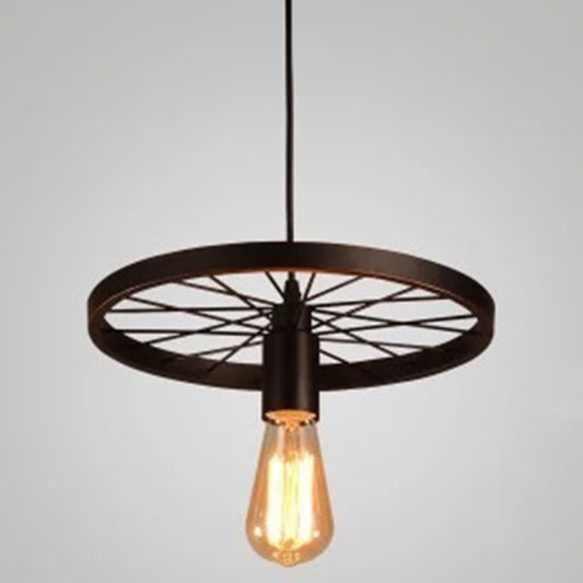 Metal Hanging Pendant Light Vintage Style Black Wagon Wheel Coffee Shop Suspension Lamp 1 Matte Black Clearhalo 'Ceiling Lights' 'Pendant Lights' 'Pendants' Lighting' 2602986