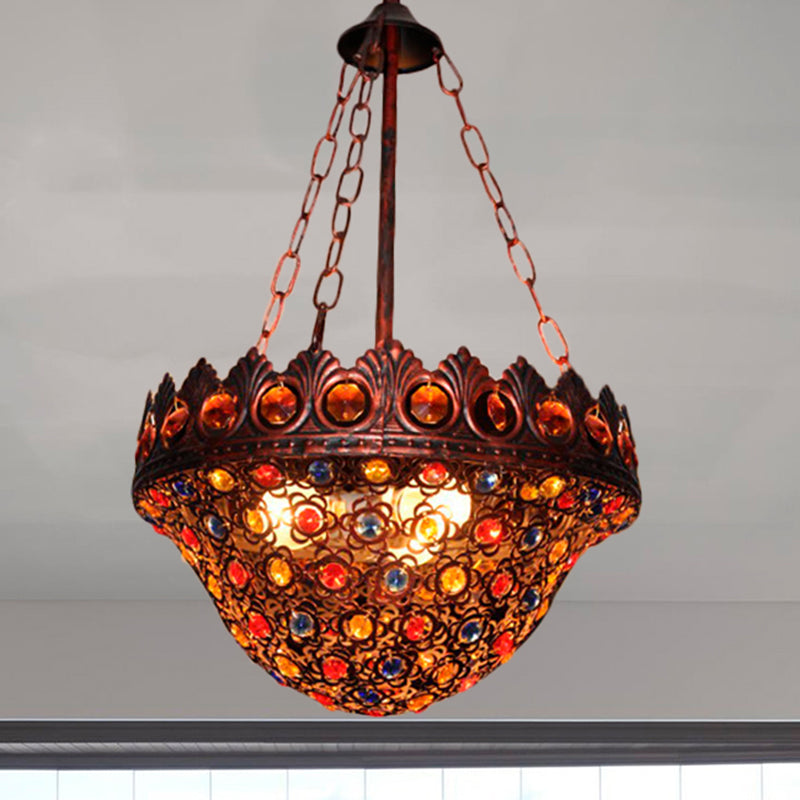 Bohemia Bowl Ceiling Light Crystal and Metal 3 Lights Suspension Lamp in Rustic Copper for Corridor Clearhalo 'Ceiling Lights' 'Pendant Lights' 'Pendants' Lighting' 260300