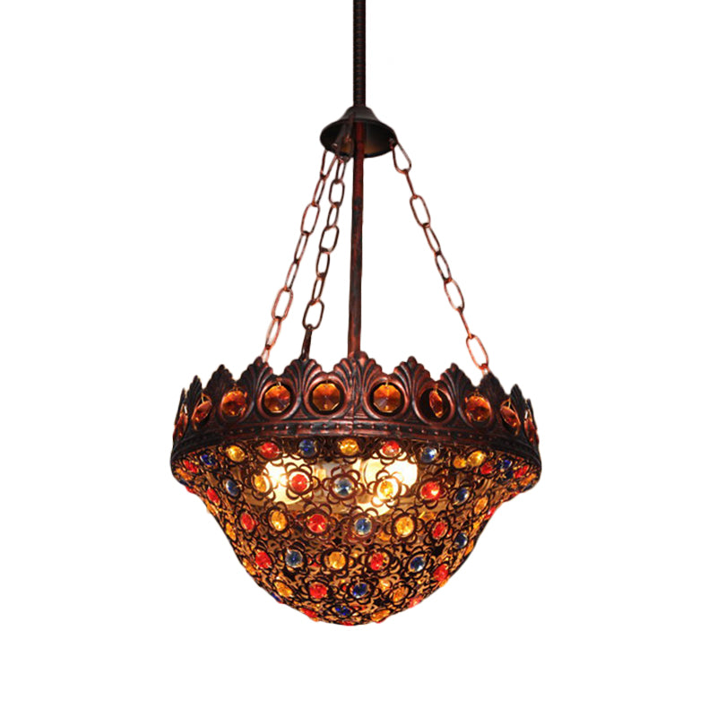 Bohemia Bowl Ceiling Light Crystal and Metal 3 Lights Suspension Lamp in Rustic Copper for Corridor Clearhalo 'Ceiling Lights' 'Pendant Lights' 'Pendants' Lighting' 260302