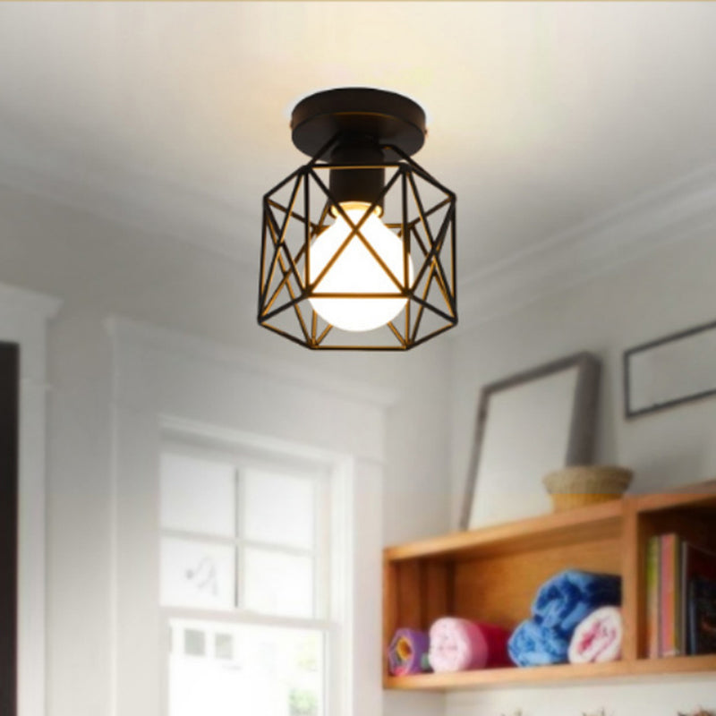 Prismatic Wire Cage Ceiling Mount Light Fixture Retro Black Metal Ceiling Flush Mount Clearhalo 'Ceiling Lights' 'Close To Ceiling Lights' 'Lighting' 2603072