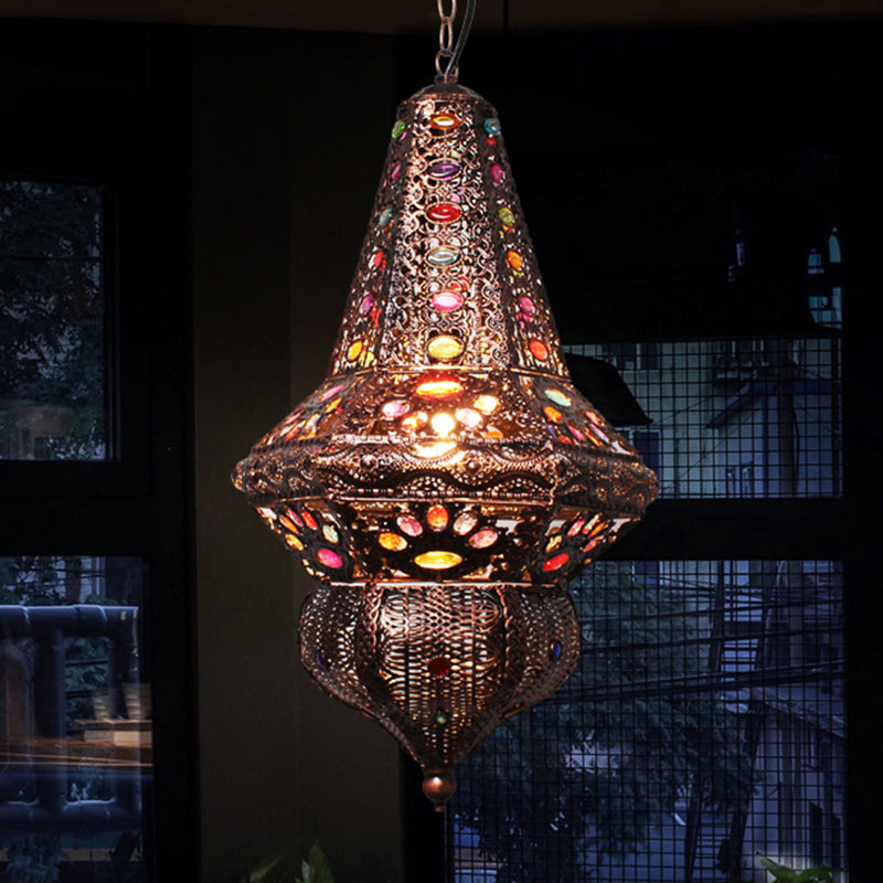 Crystal Beaded Stand Pendant Lighting with Lantern Shade Bohemia 1 Light Ceiling Light in Antique Copper Clearhalo 'Ceiling Lights' 'Pendant Lights' 'Pendants' Lighting' 260347