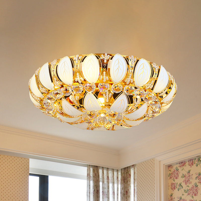 23.5"/31.5" W Round Flush Ceiling Light Contemporary Crystal and Glass Ceiling Mounted Light with Leaf Pattern in Gold Gold Clearhalo 'Ceiling Lights' 'Close To Ceiling Lights' 'Close to ceiling' 'Flush mount' Lighting' 260358