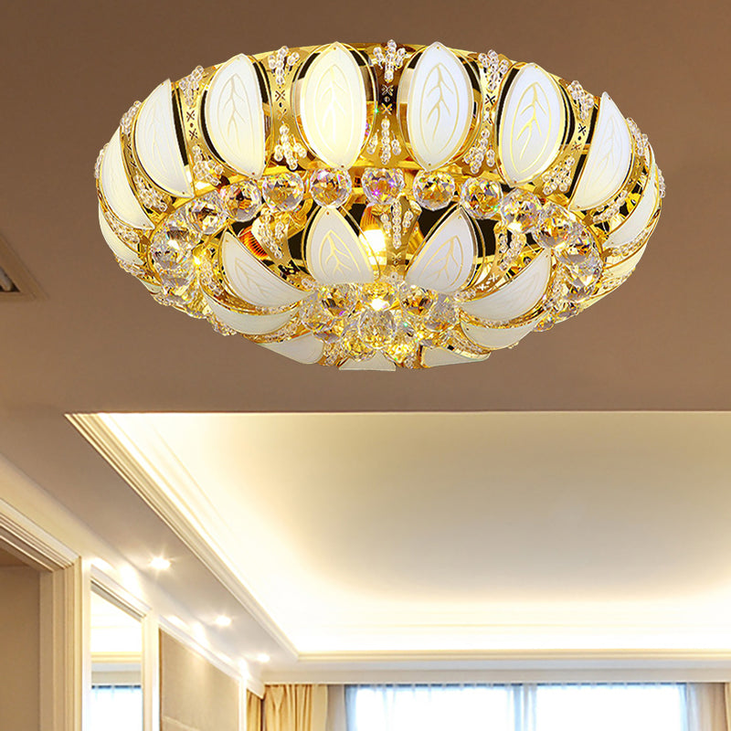 23.5"/31.5" W Round Flush Ceiling Light Contemporary Crystal and Glass Ceiling Mounted Light with Leaf Pattern in Gold Clearhalo 'Ceiling Lights' 'Close To Ceiling Lights' 'Close to ceiling' 'Flush mount' Lighting' 260359