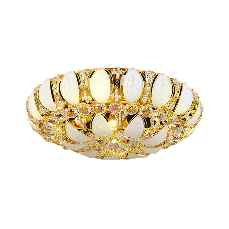 23.5"/31.5" W Round Flush Ceiling Light Contemporary Crystal and Glass Ceiling Mounted Light with Leaf Pattern in Gold Clearhalo 'Ceiling Lights' 'Close To Ceiling Lights' 'Close to ceiling' 'Flush mount' Lighting' 260360