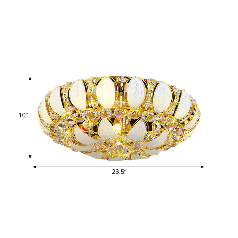 23.5"/31.5" W Round Flush Ceiling Light Contemporary Crystal and Glass Ceiling Mounted Light with Leaf Pattern in Gold Clearhalo 'Ceiling Lights' 'Close To Ceiling Lights' 'Close to ceiling' 'Flush mount' Lighting' 260361