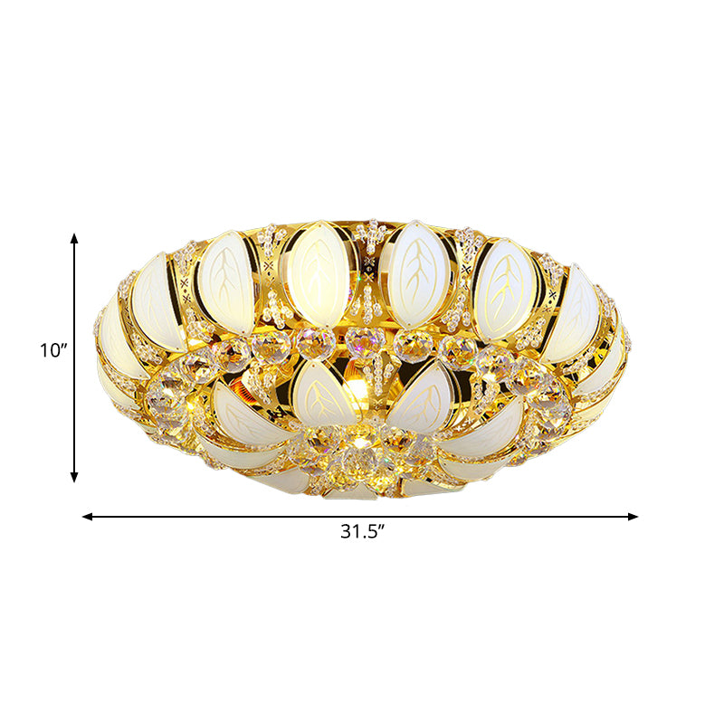 23.5"/31.5" W Round Flush Ceiling Light Contemporary Crystal and Glass Ceiling Mounted Light with Leaf Pattern in Gold Clearhalo 'Ceiling Lights' 'Close To Ceiling Lights' 'Close to ceiling' 'Flush mount' Lighting' 260362