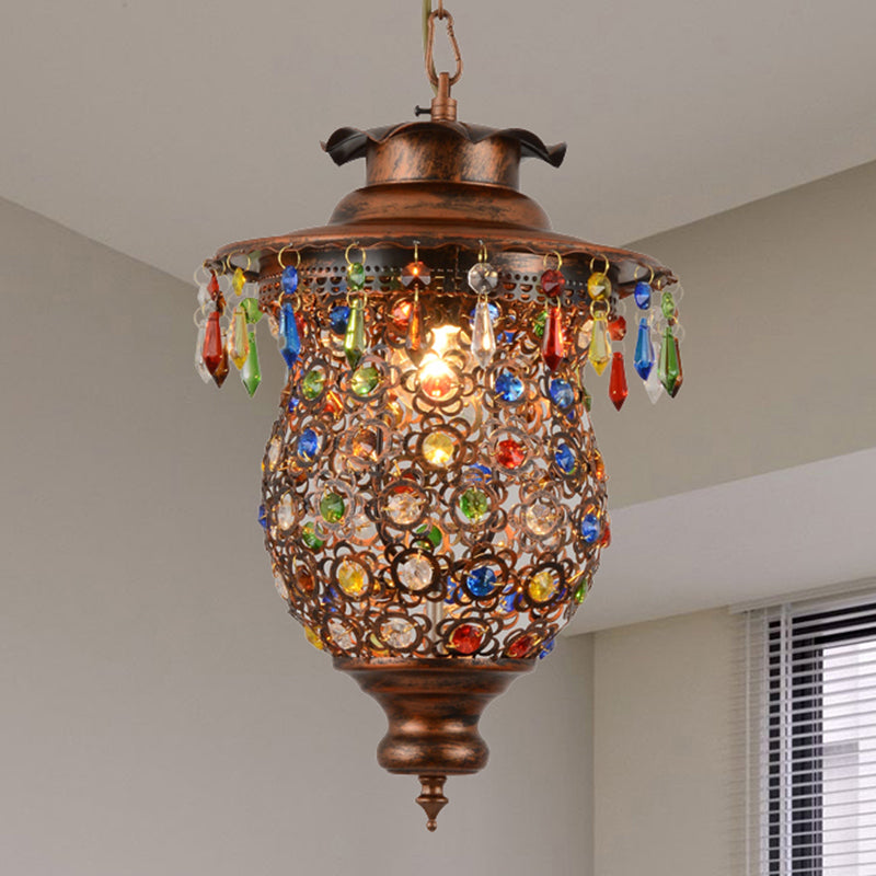 Bohemia Style Lantern Pendant Lamp Metallic 1 Light Hanging Ceiling Fixture with Crystal Bead in Antique Copper Weathered Copper A Clearhalo 'Ceiling Lights' 'Pendant Lights' 'Pendants' Lighting' 260382_11b1d499-f54c-4691-a580-b7959db07002