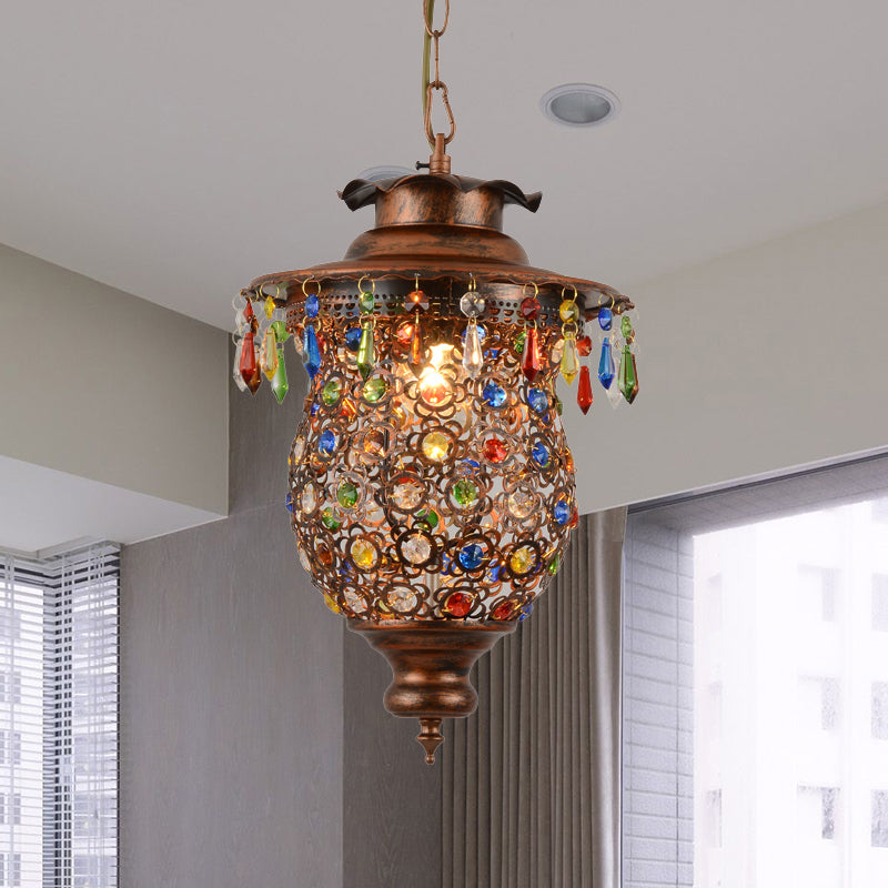 Bohemia Style Lantern Pendant Lamp Metallic 1 Light Hanging Ceiling Fixture with Crystal Bead in Antique Copper Clearhalo 'Ceiling Lights' 'Pendant Lights' 'Pendants' Lighting' 260383