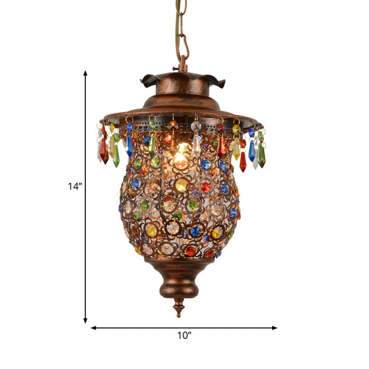 Bohemia Style Lantern Pendant Lamp Metallic 1 Light Hanging Ceiling Fixture with Crystal Bead in Antique Copper Clearhalo 'Ceiling Lights' 'Pendant Lights' 'Pendants' Lighting' 260385