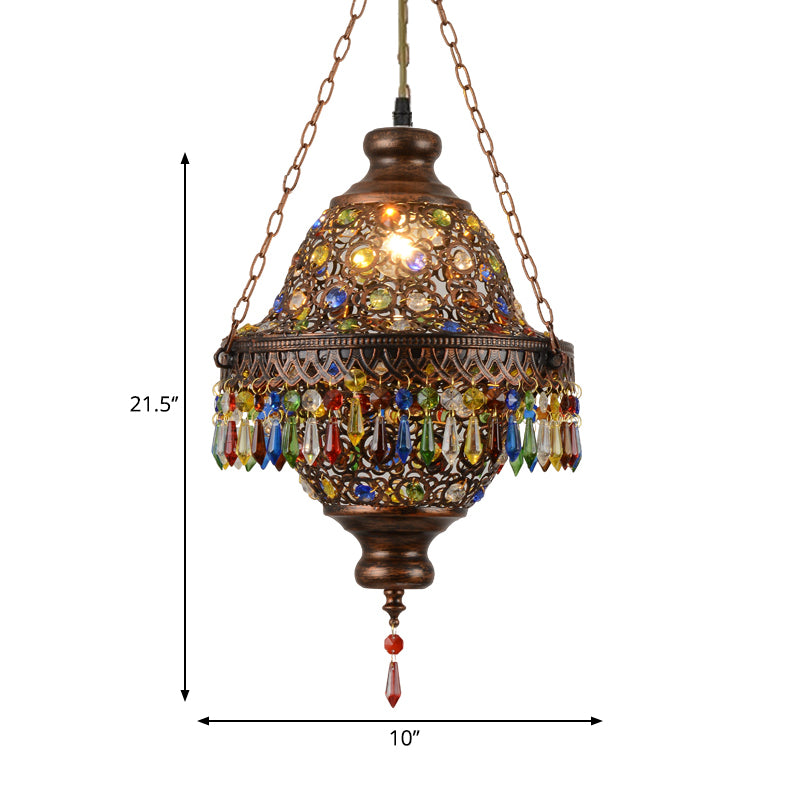 Bohemia Style Lantern Pendant Lamp Metallic 1 Light Hanging Ceiling Fixture with Crystal Bead in Antique Copper Clearhalo 'Ceiling Lights' 'Pendant Lights' 'Pendants' Lighting' 260388