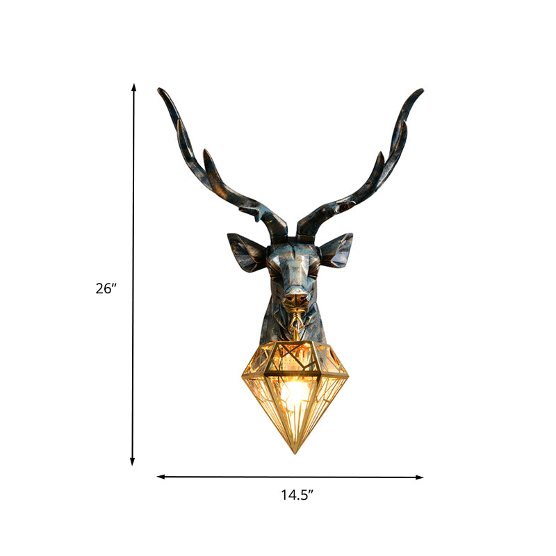 Resin Deer Wall Sconce Lighting Antique Style 1 Light Wall Light with Brass Diamond Shade, 14.5"/19.5" Wide Clearhalo 'Wall Lamps & Sconces' 'Wall Lights' Lighting' 260416