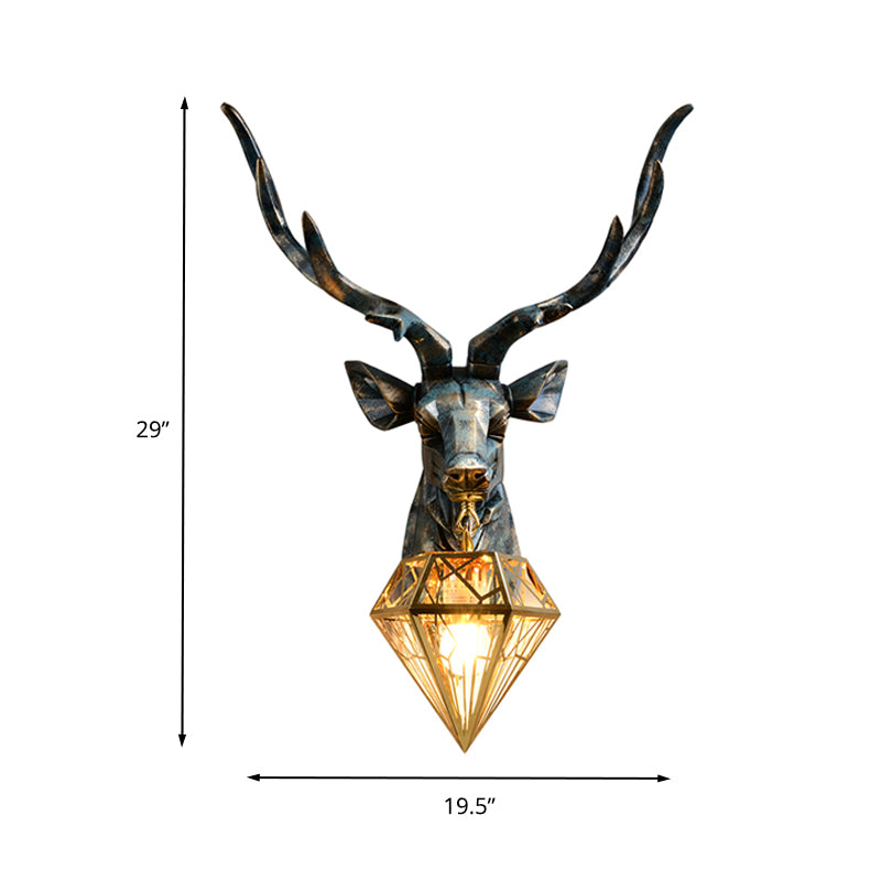 Resin Deer Wall Sconce Lighting Antique Style 1 Light Wall Light with Brass Diamond Shade, 14.5"/19.5" Wide Clearhalo 'Wall Lamps & Sconces' 'Wall Lights' Lighting' 260417