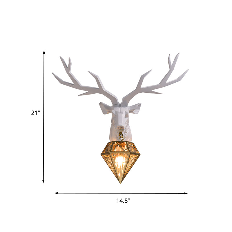 Resin Deer Wall Light Traditional 14.5"/19.5" Wide 1 Light White/Black Sconce Light with Diamond Metal Shade Clearhalo 'Wall Lamps & Sconces' 'Wall Lights' Lighting' 260418