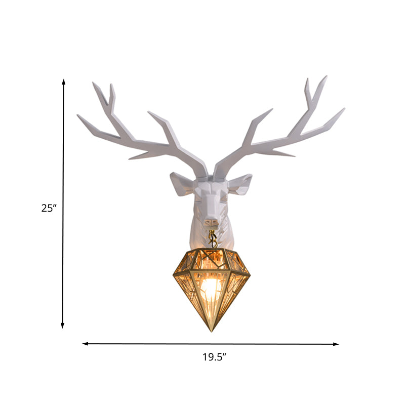 Resin Deer Wall Light Traditional 14.5"/19.5" Wide 1 Light White/Black Sconce Light with Diamond Metal Shade Clearhalo 'Wall Lamps & Sconces' 'Wall Lights' Lighting' 260419