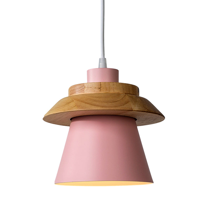 Metal Wooden Top Pendant Light Fixture Minimalist Down Lighting Pendant for Dinning Room Pink Clearhalo 'Ceiling Lights' 'Pendant Lights' 'Pendants' Lighting' 2604276_6f5c0e33-18c8-4c90-8489-d84f06635a3d