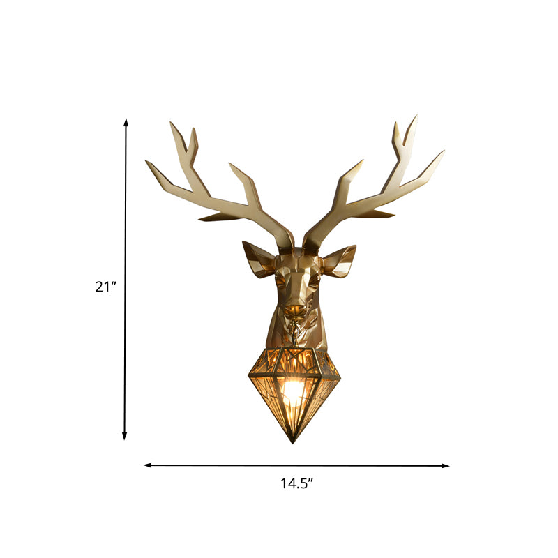 Vintage Brass Deer Resin Sconce Light 14.5"/19.5" Wide 1 Light Wall Mount Light with Diamond Metal Shade Clearhalo 'Wall Lamps & Sconces' 'Wall Lights' Lighting' 260439