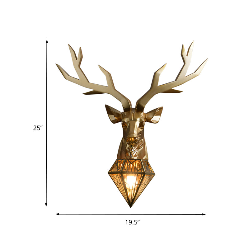 Vintage Brass Deer Resin Sconce Light 14.5"/19.5" Wide 1 Light Wall Mount Light with Diamond Metal Shade Clearhalo 'Wall Lamps & Sconces' 'Wall Lights' Lighting' 260440