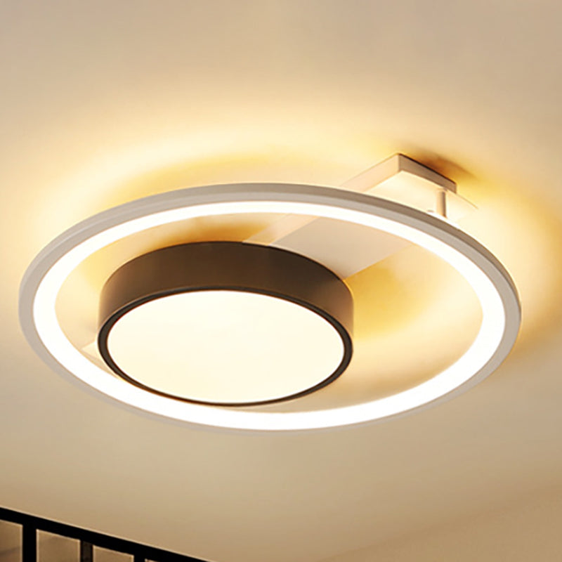 Simple Drum Flush Lamp with Halo Ring Black and White Metal Led Flush Ceiling Light in Warm/White, 16"/19.5" Wide Black Clearhalo 'Ceiling Lights' 'Close To Ceiling Lights' 'Close to ceiling' 'Flush mount' Lighting' 260456