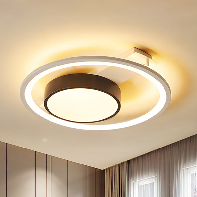 Simple Drum Flush Lamp with Halo Ring Black and White Metal Led Flush Ceiling Light in Warm/White, 16"/19.5" Wide Clearhalo 'Ceiling Lights' 'Close To Ceiling Lights' 'Close to ceiling' 'Flush mount' Lighting' 260457