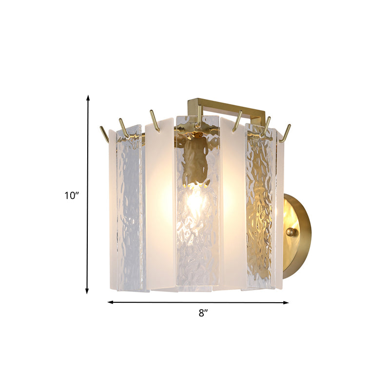 Drum Wall Sconce Light Contemporary Frosted Glass and Waterglass 1 Light Gold Wall Light Fixture Clearhalo 'Modern wall lights' 'Modern' 'Wall Lamps & Sconces' 'Wall Lights' Lighting' 260480