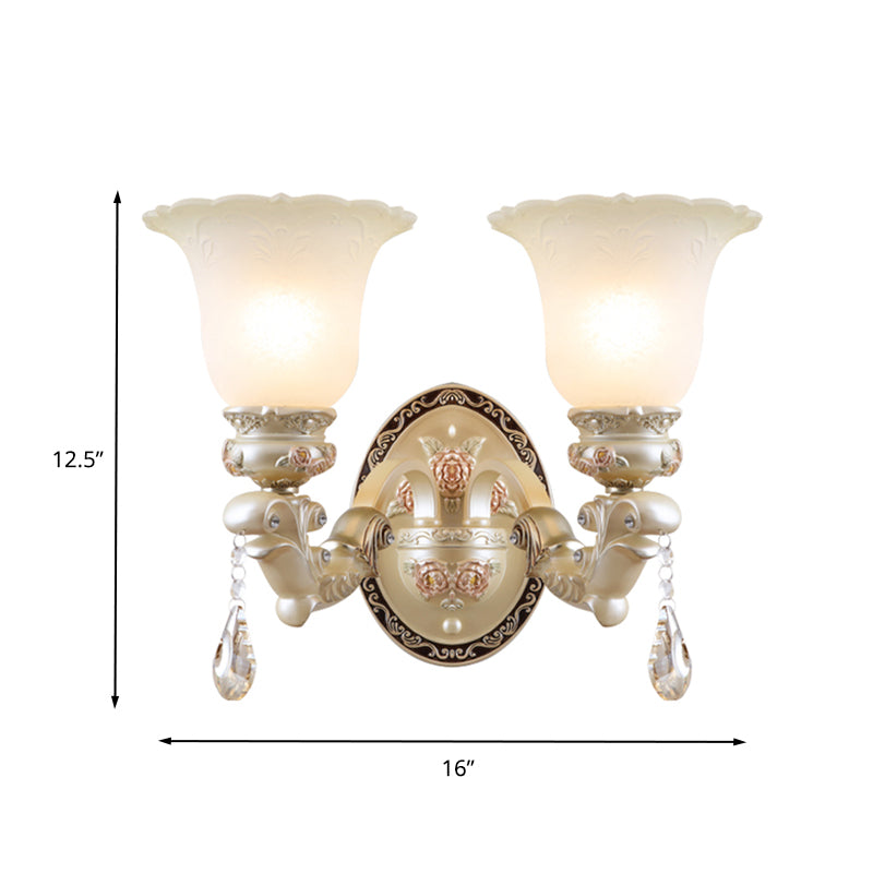 Flower Living Room Wall Sconce Light Vintage Opal Glass 1/2 Lights Beige Wall Light Fixture Clearhalo 'Wall Lamps & Sconces' 'Wall Lights' Lighting' 260518