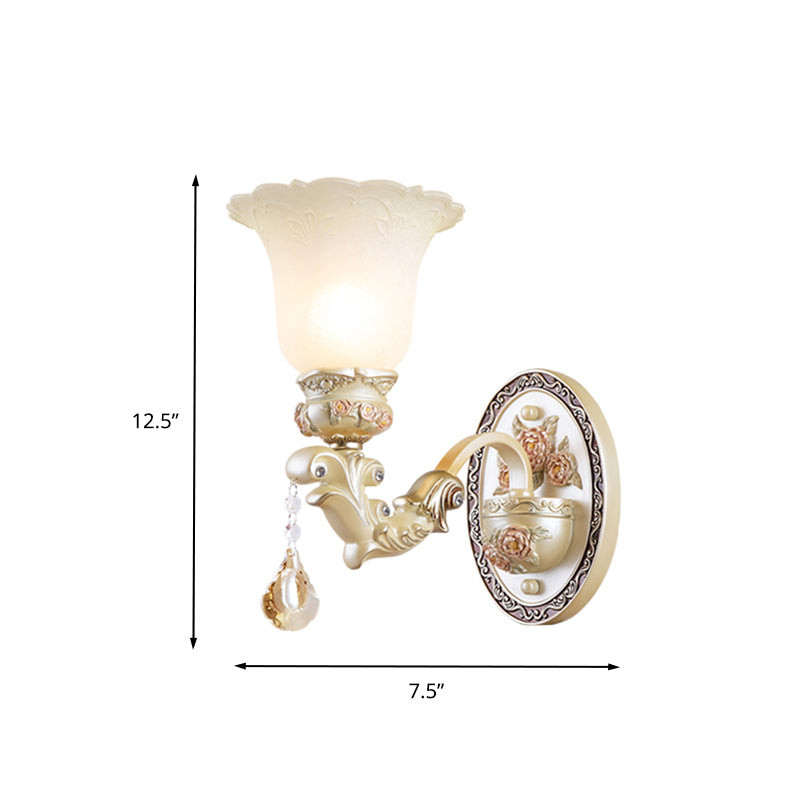 Flower Living Room Wall Sconce Light Vintage Opal Glass 1/2 Lights Beige Wall Light Fixture Clearhalo 'Wall Lamps & Sconces' 'Wall Lights' Lighting' 260519