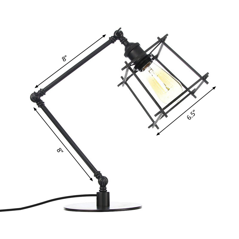 Metal Trapezoid Cage Table Lamp Vintage Style 1 Head Black/Brass Finish Table Lighting with Adjustable Arm Clearhalo 'Lamps' 'Table Lamps' Lighting' 260524