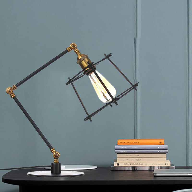 Metal Trapezoid Cage Table Lamp Vintage Style 1 Head Black/Brass Finish Table Lighting with Adjustable Arm Brass A Clearhalo 'Lamps' 'Table Lamps' Lighting' 260525