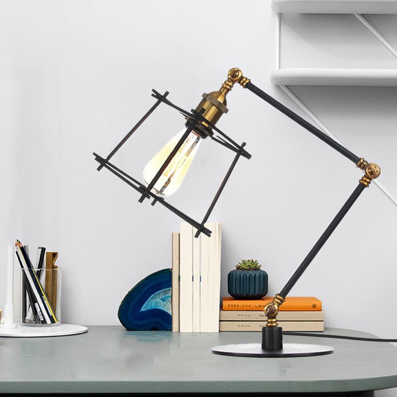 Metal Trapezoid Cage Table Lamp Vintage Style 1 Head Black/Brass Finish Table Lighting with Adjustable Arm Clearhalo 'Lamps' 'Table Lamps' Lighting' 260526