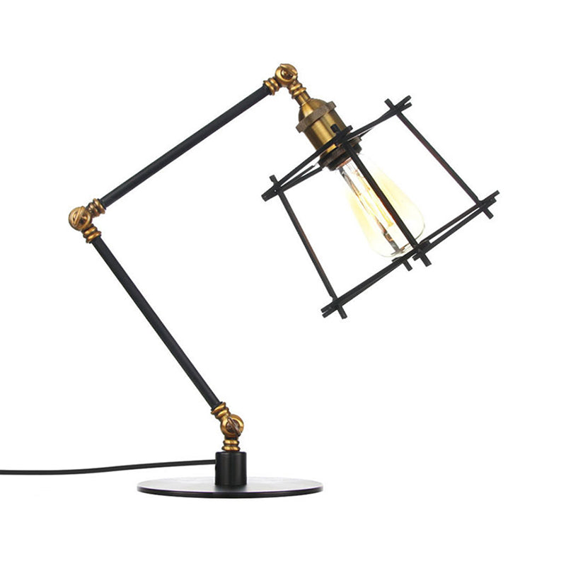 Metal Trapezoid Cage Table Lamp Vintage Style 1 Head Black/Brass Finish Table Lighting with Adjustable Arm Clearhalo 'Lamps' 'Table Lamps' Lighting' 260527