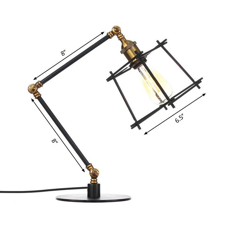 Metal Trapezoid Cage Table Lamp Vintage Style 1 Head Black/Brass Finish Table Lighting with Adjustable Arm Clearhalo 'Lamps' 'Table Lamps' Lighting' 260528