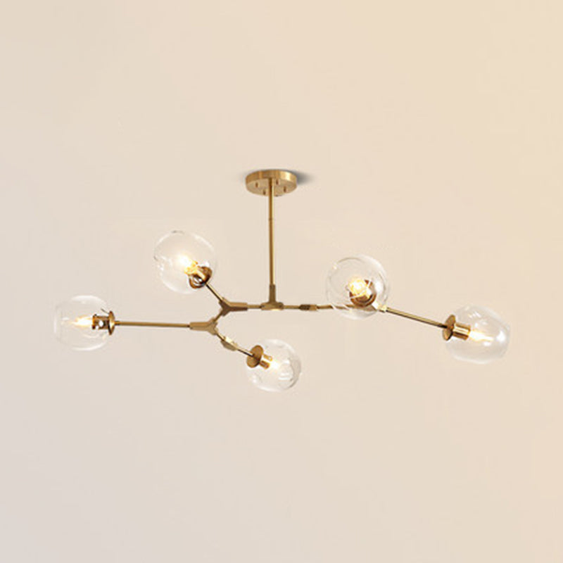 Post-Modern Metal Hanging Chandelier Light Clear Glass Shade Suspension Light in Gold for Bedroom 5 Gold Clearhalo 'Ceiling Lights' 'Chandeliers' Lighting' 2605292