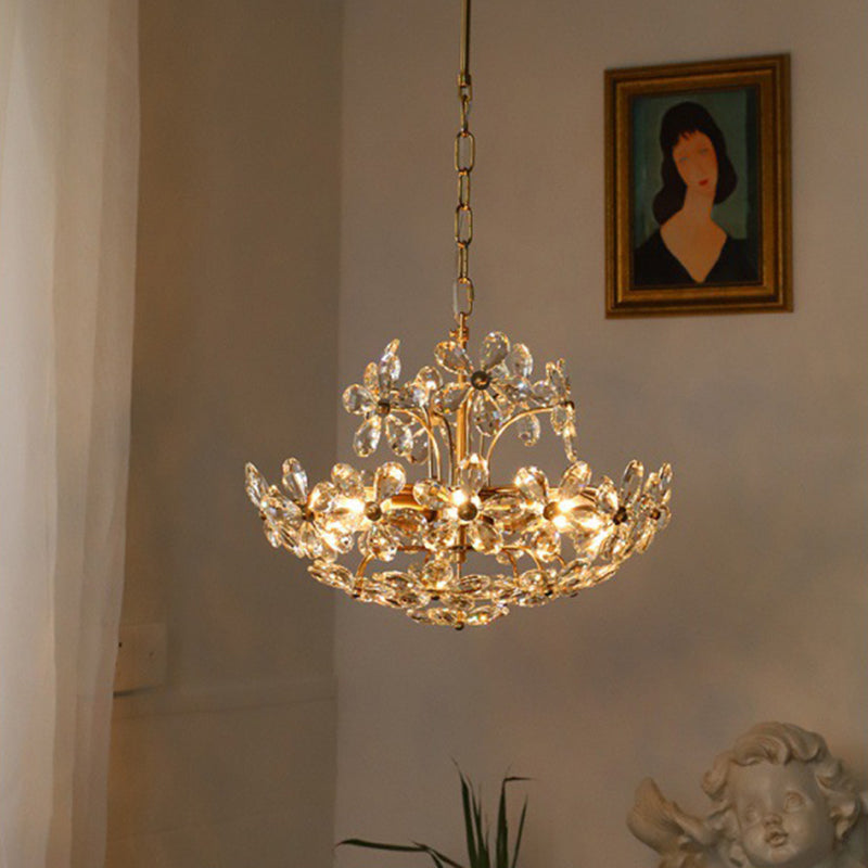 Vintage Brass Art Deco Hanging Chandelier Light Floral Clear Crystal Interior Drop Lamp Clearhalo 'Ceiling Lights' 'Chandeliers' Lighting' 2605298