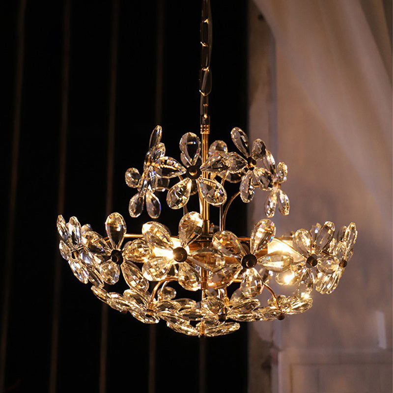 Vintage Brass Art Deco Hanging Chandelier Light Floral Clear Crystal Interior Drop Lamp Gold 18" Clearhalo 'Ceiling Lights' 'Chandeliers' Lighting' 2605299